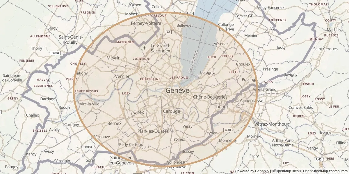 Carte de la zone d'intervention de Douglas : Genève et ses alentours dans un rayon de 15 kilomètres